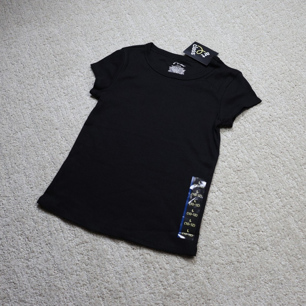 Art Class Girls Black Ribbed Short Sleeve T-Shirt Size L 10-12 NWT